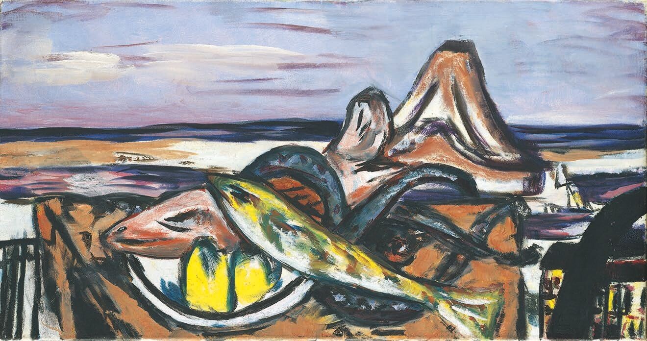 Max Beckmann, Landschaft im Süden mit frutti di mare (Stillleben mit Fischen) Amsterdam, 1944, nicht signiert1 Ölfarben auf textilem Bildträger, 45 x 85 cm Hamburger Kunsthalle, Foto: Elke Walford