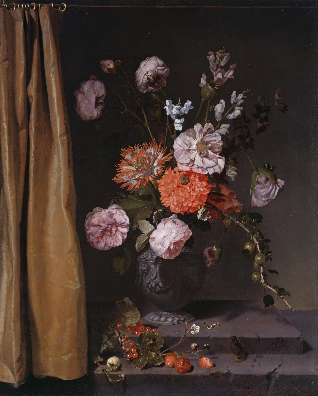 Jan van Rossum, Blumenstilleben mit Vorhang, 1671