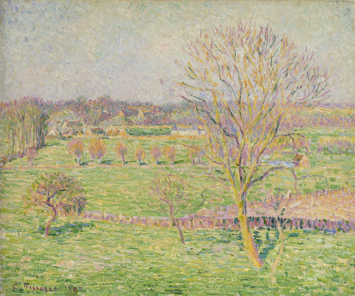 Impressionistisches Gemälde einer ländlichen Frühlingsszenerie mit blühendem Baum auf grüner Wiese