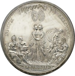 Silbermedaille mit allegorischer Darstellung einer gekrönten Herrscherfigur und knienden Personen