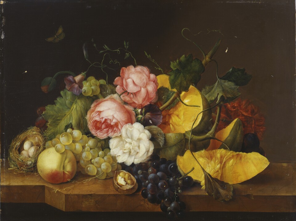 Franz Xaver Petter, Stillleben mit Blumen und Früchten, 1821, Öl auf Holz	42 x 54,5 cm	HK-2859