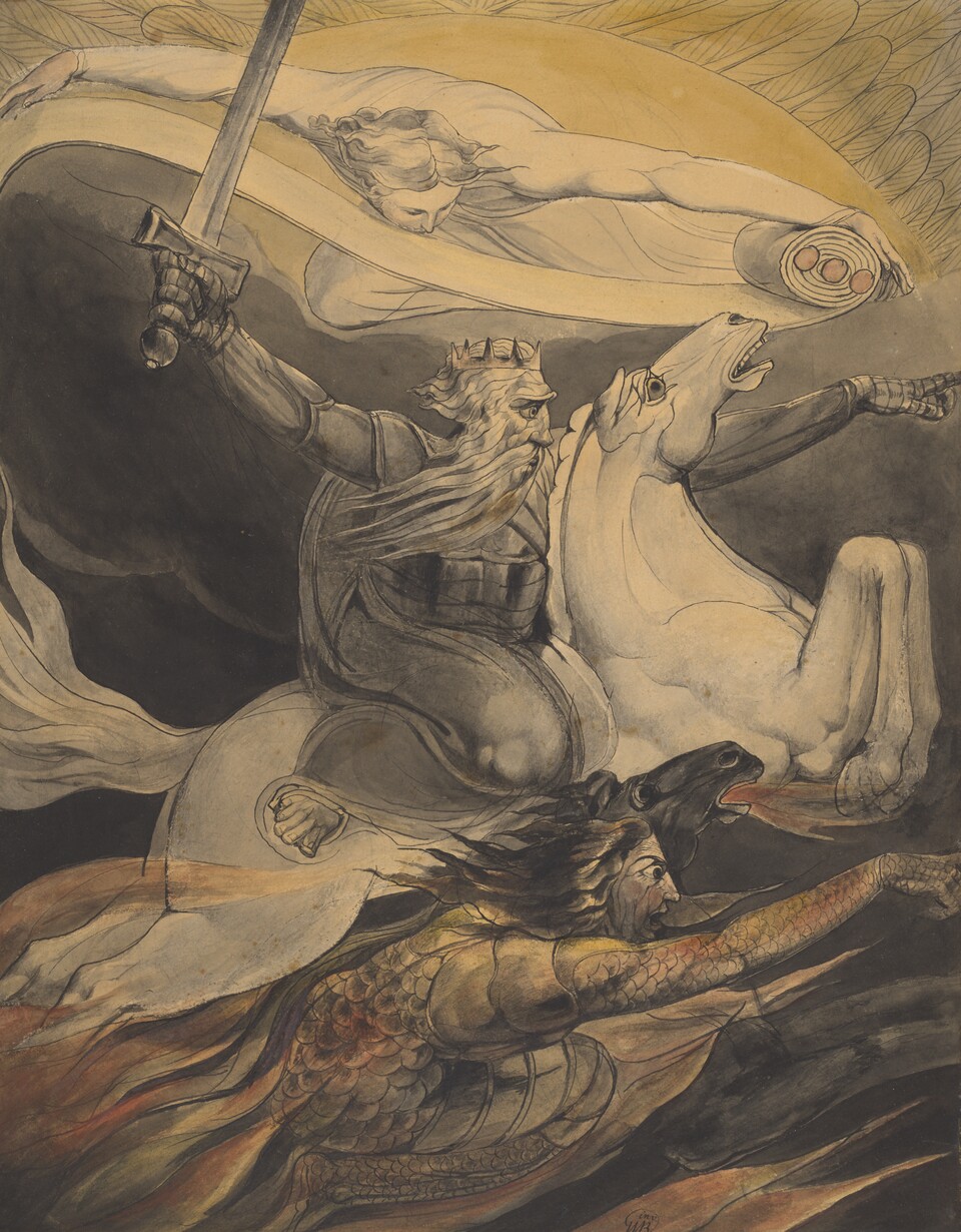 William Blake (1757–1827) Der Tod auf dem fahlen Pferde (Death on a Pale Horse), um 1800 Feder in Schwarz, grau laviert, Aquarell, 393 x 311 mm The Fitzwilliam Museum, Cambridge © The Fitzwilliam Museum, University of Cambridge