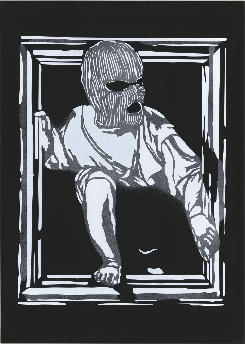 NEAL, Escape (Spray Paint Edition), 2021, Siebdruck in Weiß mit handgesprühtem Hintergrund auf Black Touche Papier, 700 × 500 mm, © Hamburger Kunsthalle / bpk, Foto: Christoph Irrgang