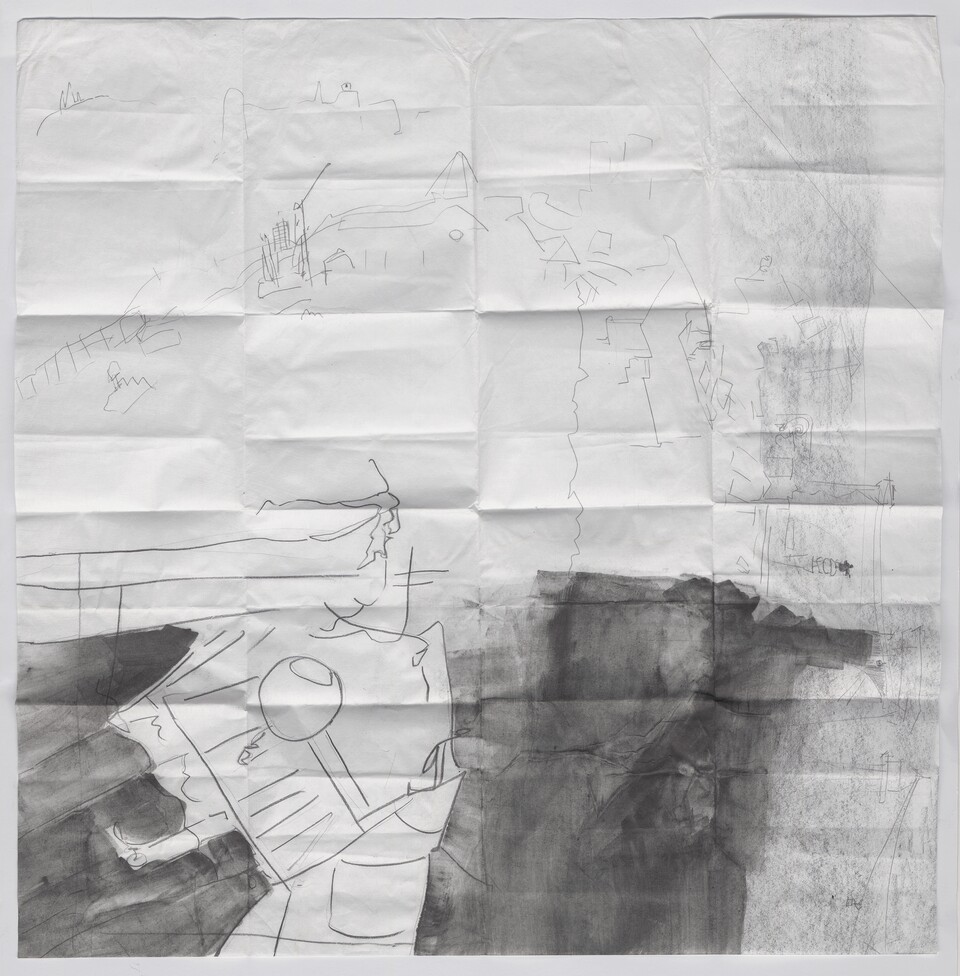 Fedele Maura Friede (*1997) Topografische Studien: Barcelona – Leipzig – Halmstad (1) (2024) Grafit auf Japanpapier, 69 x 67 cm © Fedele Maura Friede Foto: Christoph Irrgang