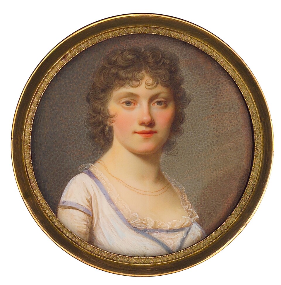 Domenico Bossi (1767–1853) Dame in weißem Kleid mit blauen Borten, um 1800 Aquarell und Gouache auf Elfenbein, Ø 6,2 cm The Tansey Miniatures Foundation, Celle © Foto: Birgitt Schmedding