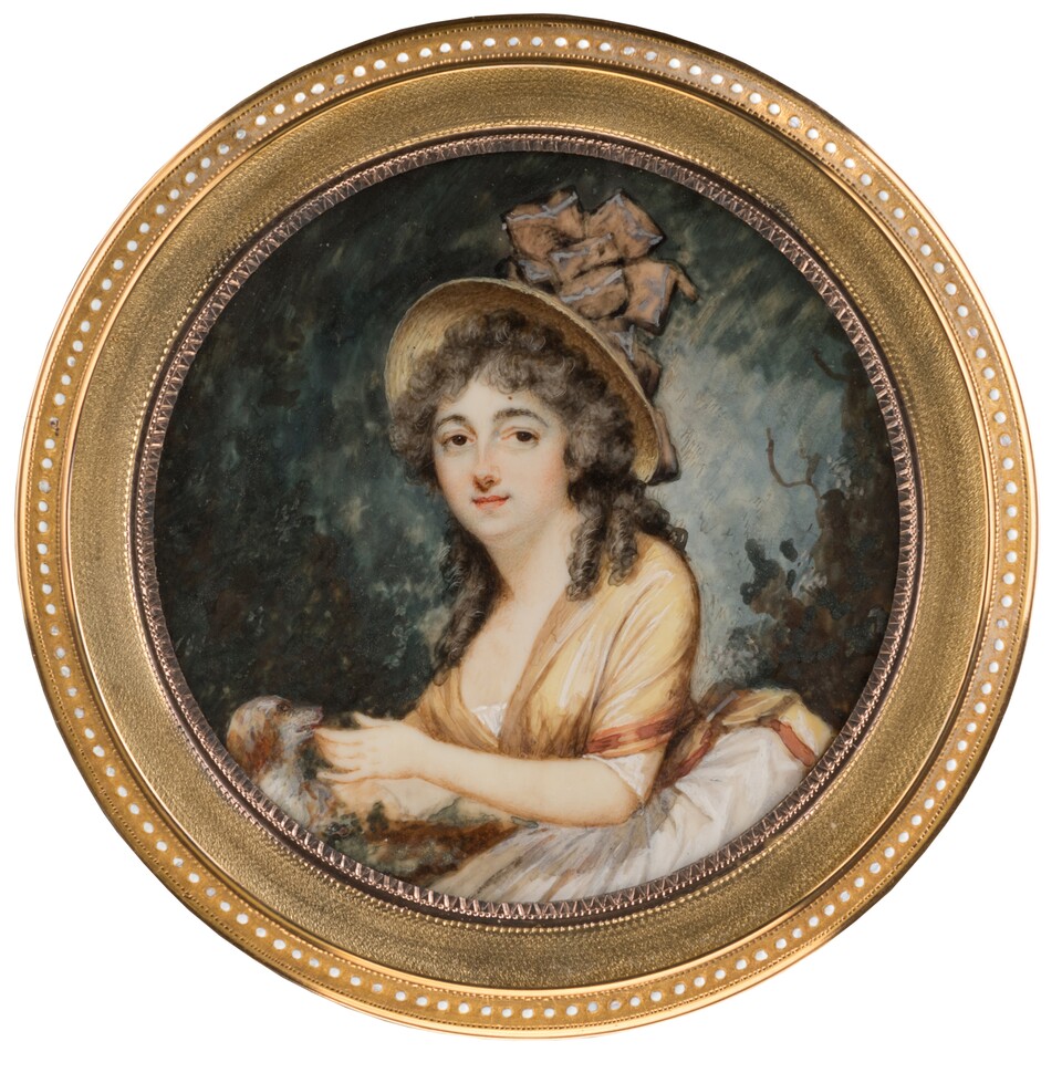 Pierre-Charles Hénard (1756–1813) Dame mit Strohhut und Hündchen, um 1795 Aquarell und Gouache auf Elfenbein, Ø 7,3 cm The Tansey Miniatures Foundation, Celle © Foto: Birgitt Schmedding
