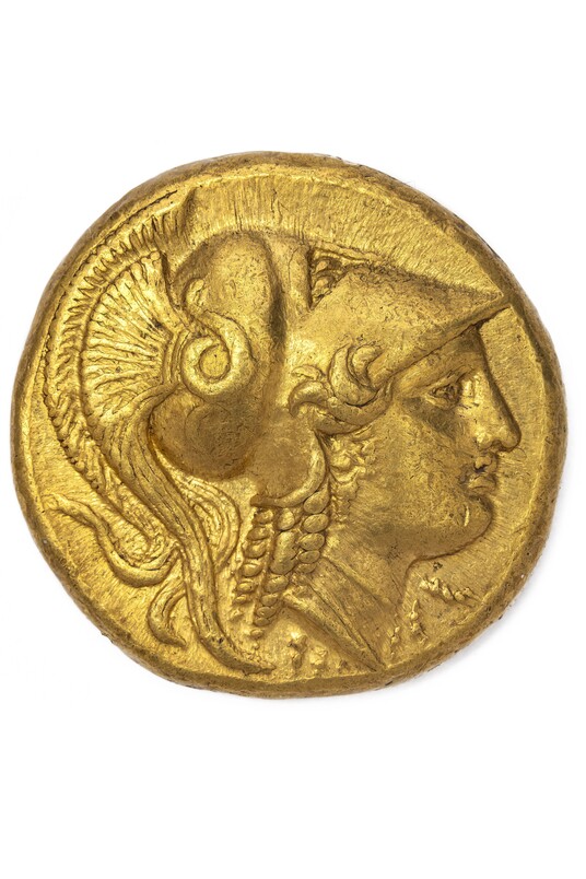 Antike goldene Münze mit Profilporträt und Lorbeerkranz