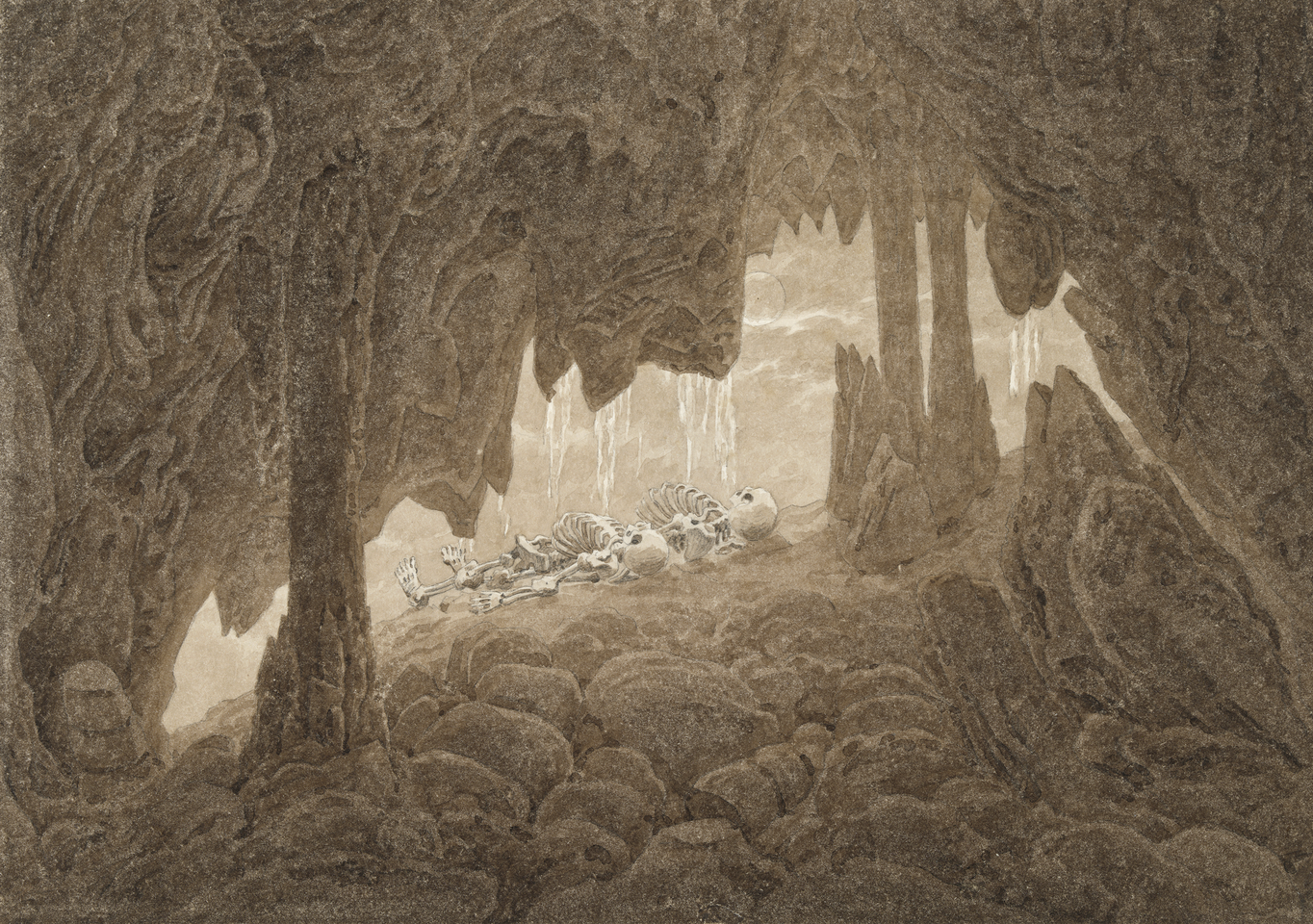 Caspar David Friedrich (1774-1840), Die sieben Sepiazeichnungen der Lebensalter, Skelette in der Tropfsteinhöhle (Die Lebensalter, Blatt 6), Skeletons in a Cave with Stalactites (The Ages of Man, sheet 6) um 1826, © Hamburger Kunsthalle/bpk, Foto: Christoph Irrgang