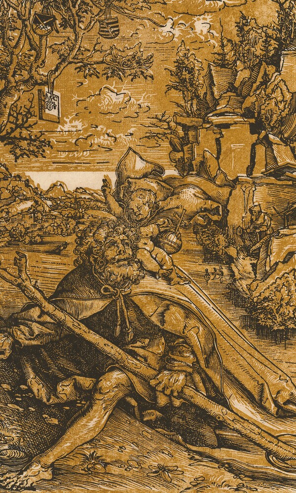 Lucas Cranach d. Ä, ehemals zugeschrieben (1472-1553), Hl. Christopherus, 1509, Farbholzschnitt von zwei Druckstöcken in Schwarz (Zeichenstock) und Ocker (Farbstock); Chiaroscuro, Hamburger Kunsthalle, Kupferstichkabinett